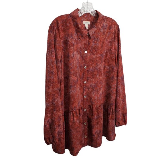 LOGO Lori Goldstein L Blouse Abstract Print Button Semi Sheer Tunic Peplum Tier - Picture 1 of 7